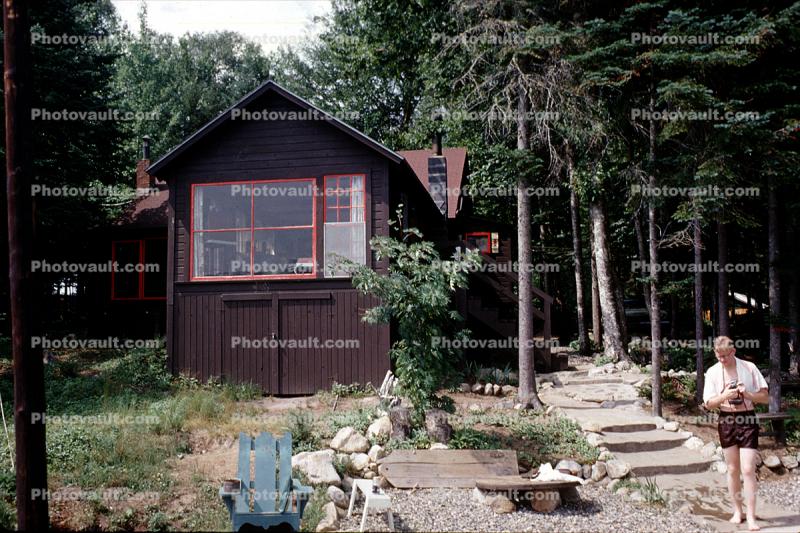 Peacham Pond, cabin, home, house, man, trunks, July 1962