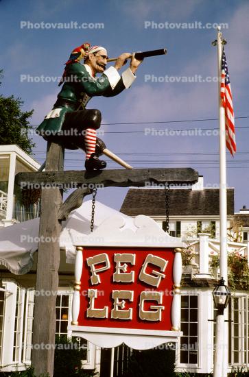 Pirate with a Spyglass and Parrot, Peg Leg Inn, Rockport, Massachusetts