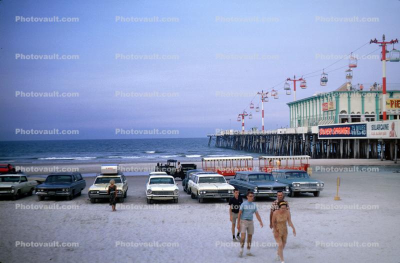 Daytona Beach, cars, Pier, sand, ocean waves, automobile, 1960s