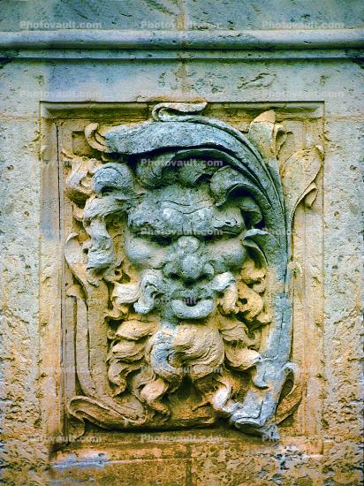 bar-Relief, Man, Face, Ornate, opulant, blowing in the wind, 1950s