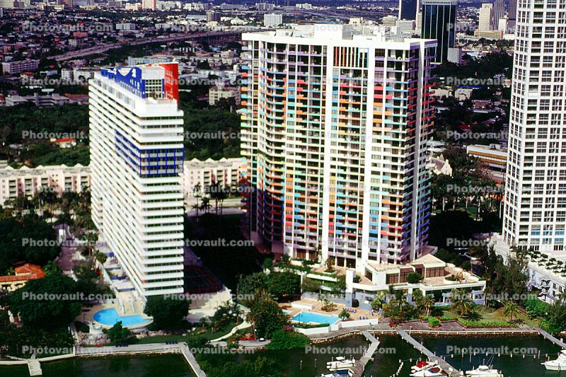 Colorful Hotel buildings, shoreline, skyscrapers, pools, 21 January 1995