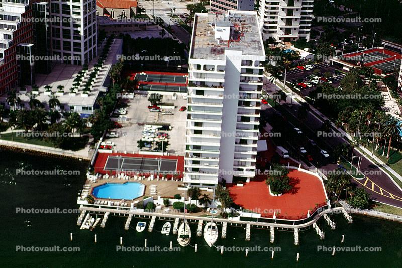 Hotel buildings, shoreline, skyscrapers, pool, docks, 21 January 1995