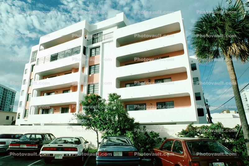 Art-deco building, parked cars, parking, palm trees, Balconies, Balcony, 21 January 1995