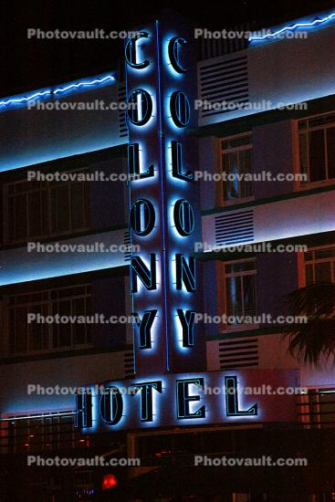 Colony Hotel, building, art-deco, neon sign