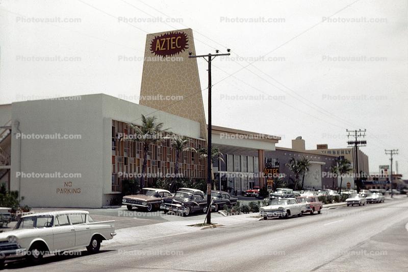 art-deco writing, Aztec Hotel, buildings, cars, building, May 1960