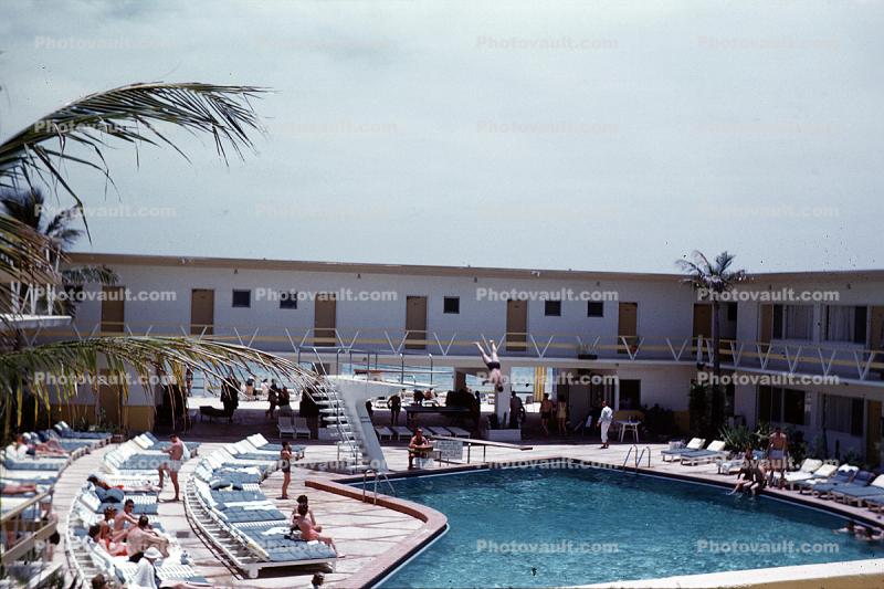 Aztec Hotel, building, Swimming Pool, lounge chairs, May 1960, 1950s