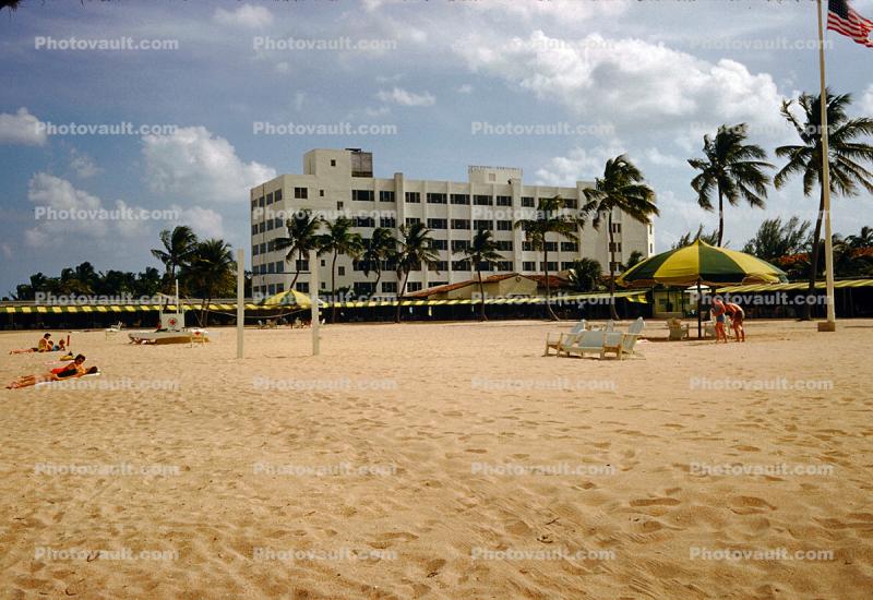 Beach, parasol, hotel, sand, 1950s