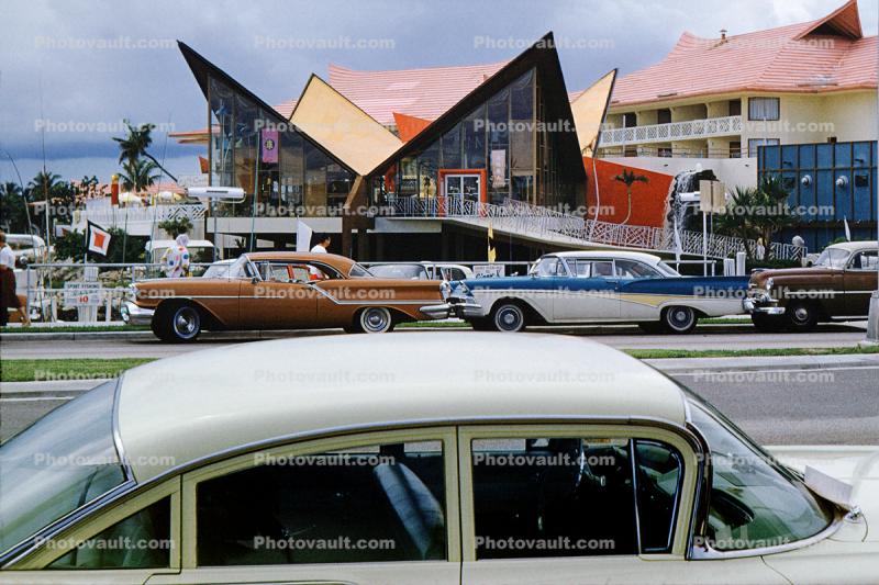 The Miami Beach Castaways, Wreck Bar, Shinnto Temple Dining Room, Cars, Automobiles, Vehicle, Fairyland Island, June 1959, 1950s