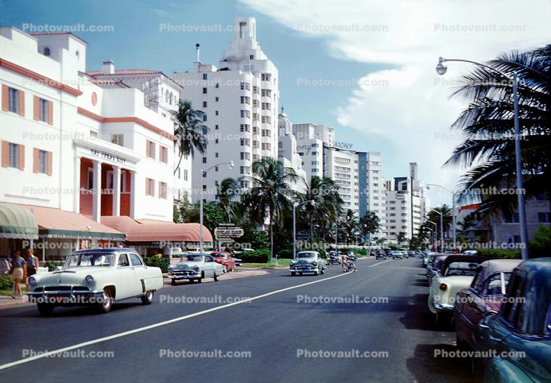 Buildings, Cars, automobile, vehicle, South Beach, Miami, 1950s
