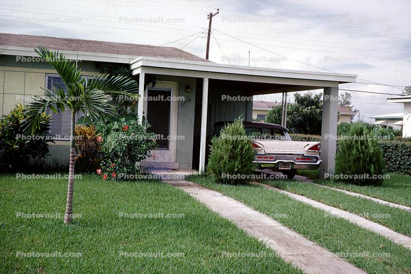 Home, House, Garage, Front lawn, Car, automobile, vehicle, 1960s