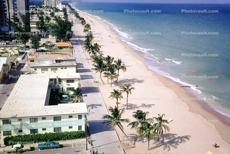 Motels, Hotels, Palm Trees, Beach, Sand, Surf, Boardwalk, Atlantic Ocean