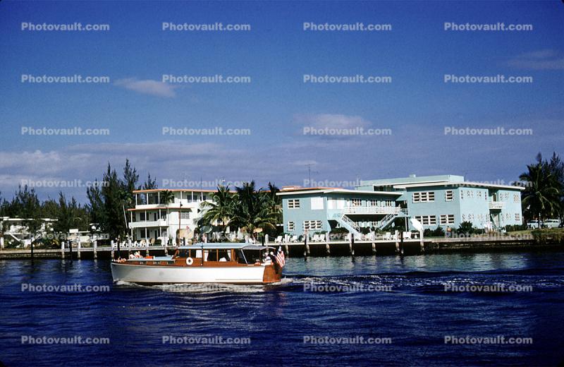 Power Boat, Yacht Club building, docks, 1950s