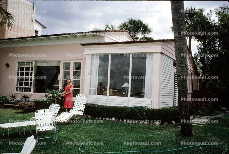 Home, House, windows, woman, frontyard, lounge chairs, building, May 1964, 1960s
