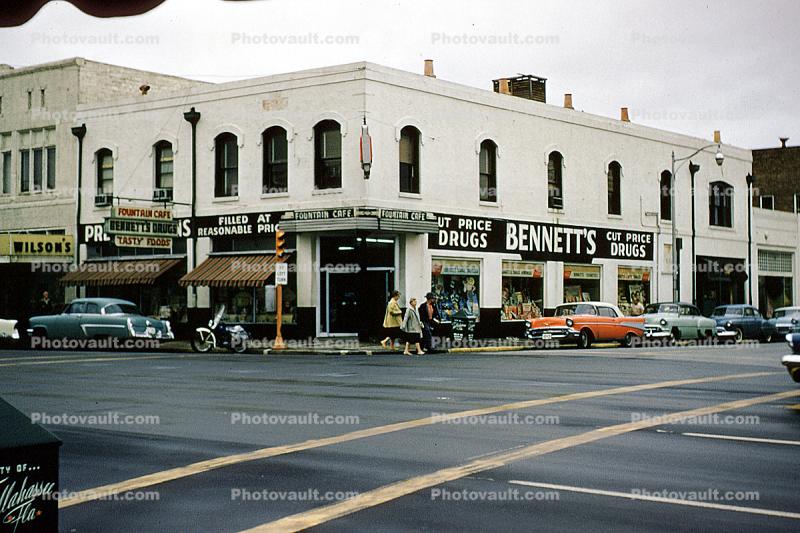 Bennett's Drug Store, Cars, Stores, shops, intersection, March 1957, 1950s