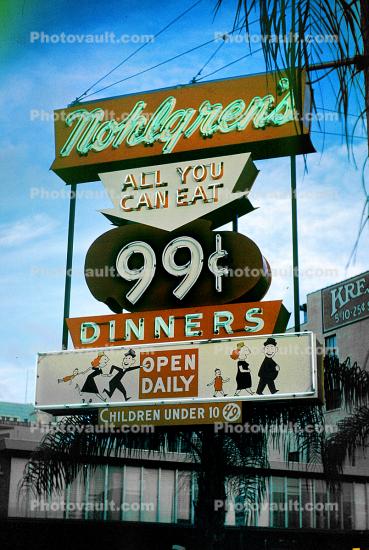 Nohlgren's Dinners, restaurant signage, June 1959, 1950s