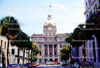 Savannah City Hall, Clock Tower, gilded Gold Dome, Flag, building, landmark