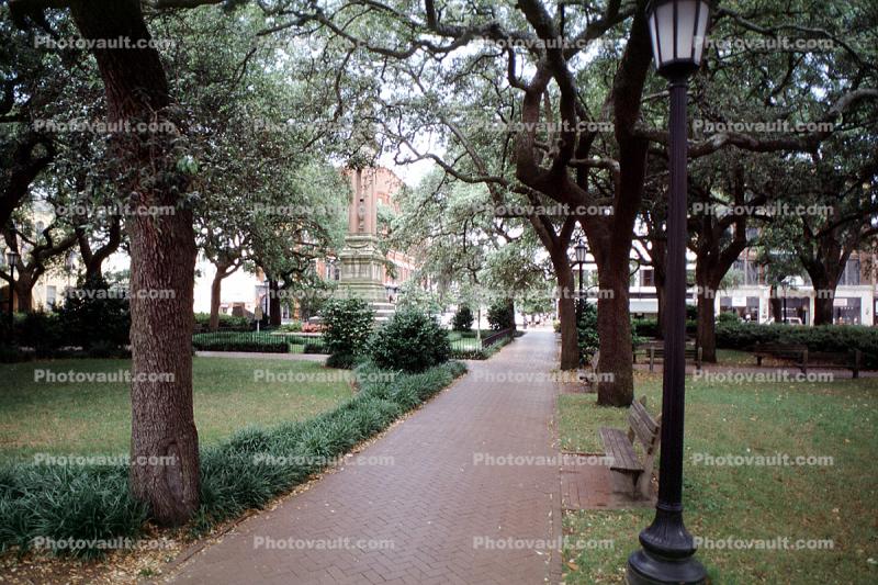 Square, Trees, Walkway, bench, lawn, Historic Savannah