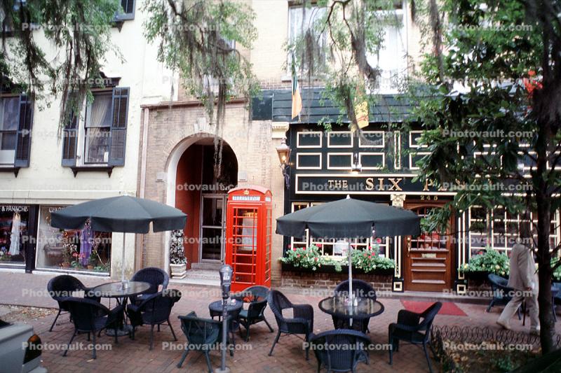 Six Pence Pub, Sidewalk Cafe, Telephone Booth, shops, buildings, umbrella, Historic Savannah