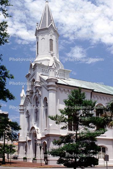 Church, Steeple, clouds, building, landmark, Historic Savannah