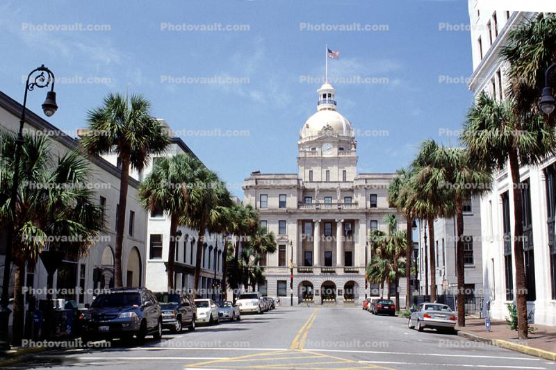 Savannah City Hall, Clock Tower, Gold Dome, Flag, building, landmark