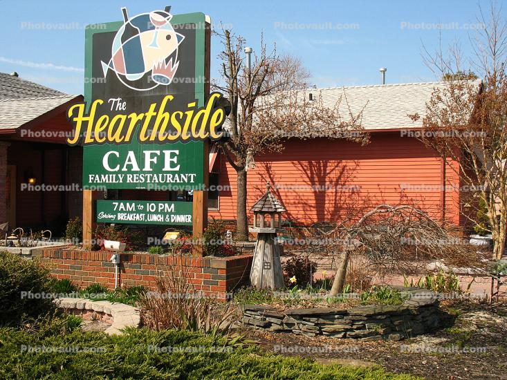 The Hearthside Cafe, building, garden, sign, signage