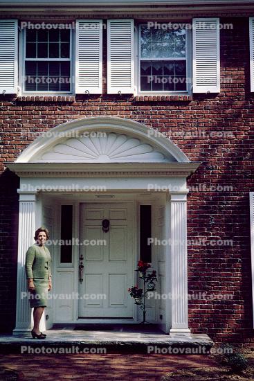 Door, Entrance, arch, house, building, woman, Franklin Lakes, 1950s