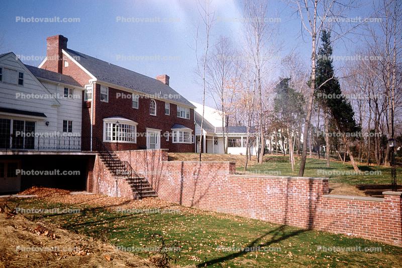 Brick wall, backyards, homes, houses, neighborhood, Franklin Lakes, 1950s