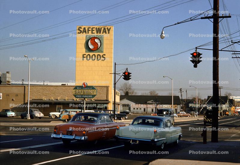 Safeway Foods, cars, building, Signage, Dugan Brothers Bakery, Newark, 1950s