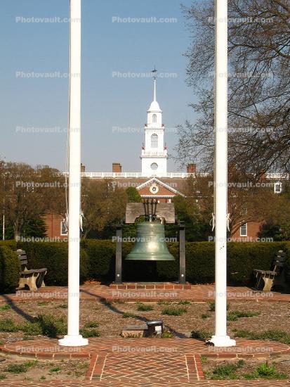 Flagpoles, replica Liberty Bell, State Capitol Building, Dover