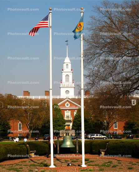 Liberty Bell replica, flagpoles, State Capitol, Dover