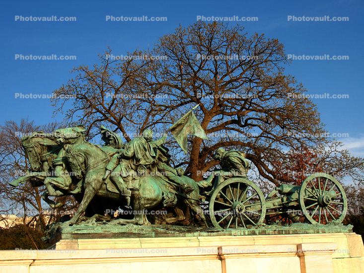 Cavalry charge, side view, Artillery Wagon, Grant Memorial, Statue, Sculpture, Horses, Wagon, Patina, American Civil War