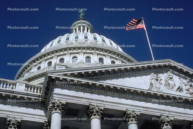 United States Capitol, Statue of Freedom, allegorical female figure, USA flag