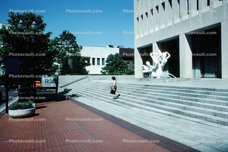 Statue, steps, building, brick sidewalk