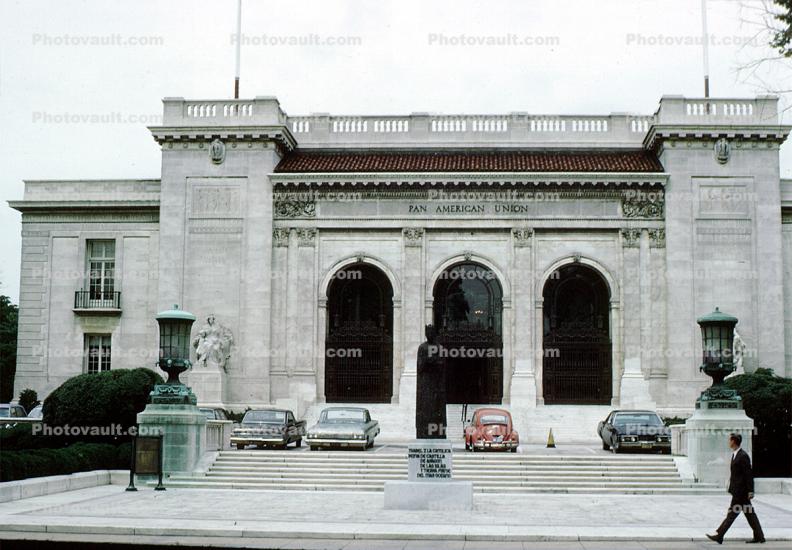 Pan American Union Building, stairs, steps, parked cars, landmark