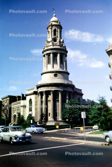 National City Christian Church, Building, cars, street, tower, 1950s