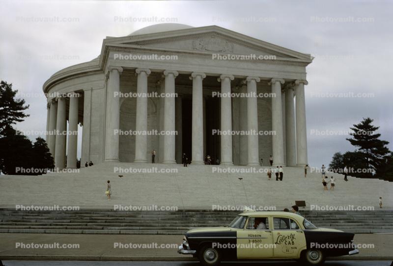Thomas Jefferson Memorial, columns, steps, Taxi Cab Car, 1950s