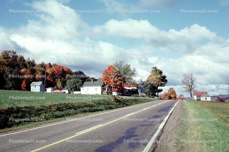 Road, Rural Highway, Homes, Houses, Buildings, Trees, Clouds
