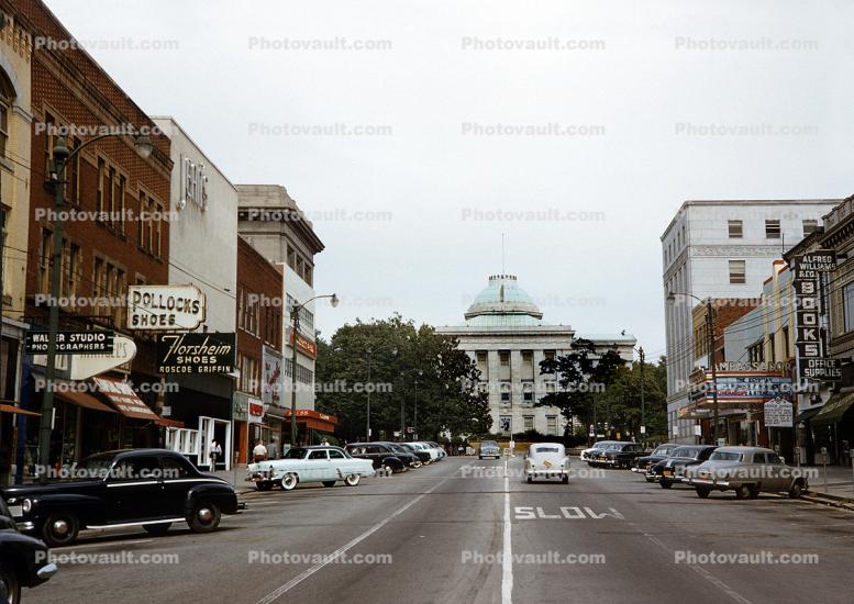 Raleigh, State Capitol, cars, automobile, vehicles, street, road, Pollocks Shoes, 1950s