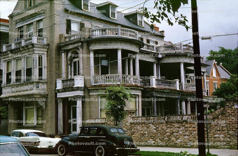 Cars, vehicle, building, mansion, Charleston, August 1959, 1950s