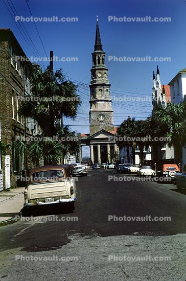 Car, steeple, landmark building, Charleston, April 1961, 1960s