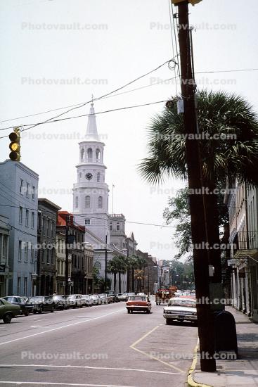 Stop Lights, Street, Steeple, Charleston, Cars, automobile, vehicles, May 1969, 1960s