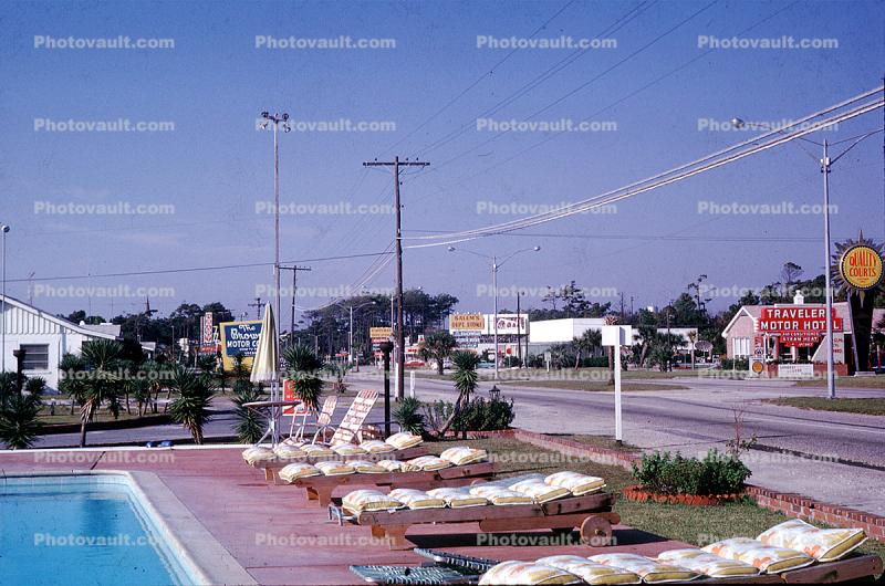 reclining benches, poolside, motel, Myrtle Beach, 1959, 1950s