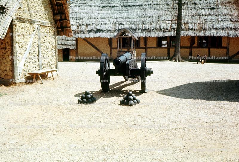 Cannon, Cannonballs, grass thatched roof, buildings, building, Artillery, gun, Sod