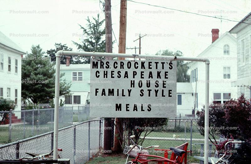 Mrs Crockett's Chesapeake House, Family Style Meals, sign, signage, July 1974, 1970s