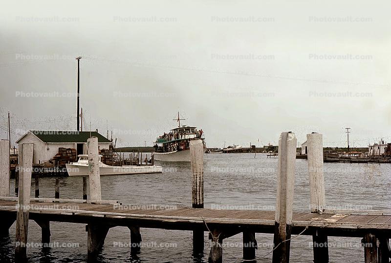 Passenger Ferry Boat approaching Dock, Harbor, July 1974, 1970s