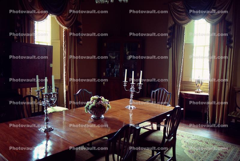 Dining Room, table, candelabra, drapes, chairs, windows, interior, inside, indoors
