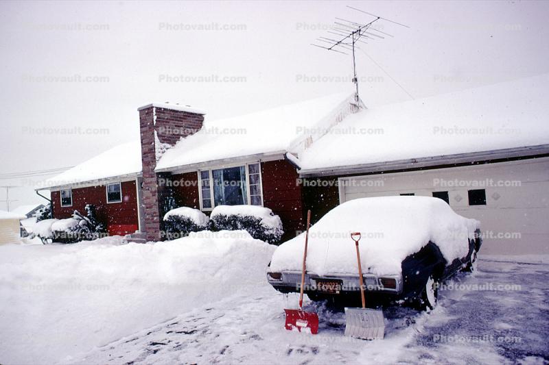 shoveling snow, driveway, Home, House, Snowy Front Lawn, icy, garage, Chimney, Winter, Cars, automobile, vehicles, 1970s