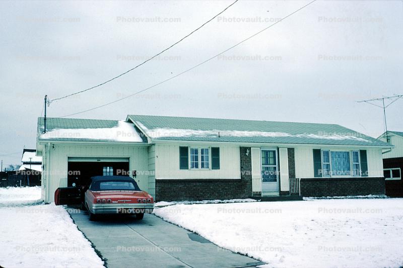 Garage, 1964 Chevy Impala, Chevrolet, driveway, Home, House, Snowy Front Lawn, icy, Winter, Cars, automobile, vehicles, 1960s