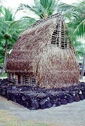 grass hut, shack, trees, Thatched Roof building, Pu'uhonua o Honaunau National Historical Park, Sod