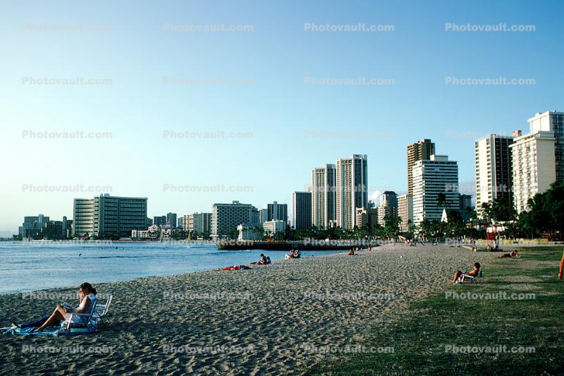 Beach, Hotels, sand, water, high rise buildings, cityscape